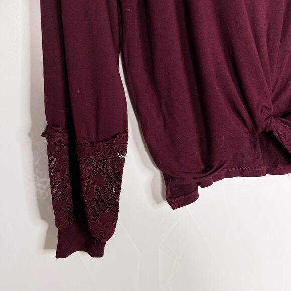 Alya Burgundy Red 2XS XXS Twist Front Lace Inset Long Sleeve Top Modal Stretch - Picture 2 of 9